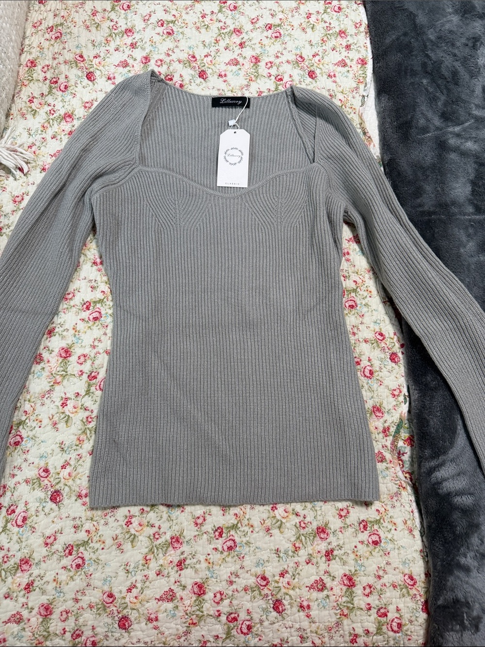 Lillusory Ribbed Square Neck Sweater Top in Light Gray